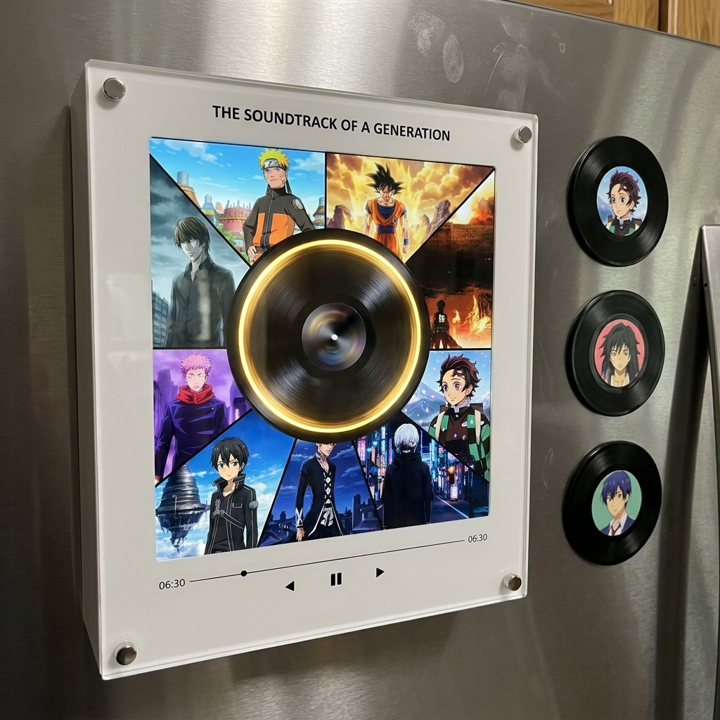 AniVinyl music player on fridge